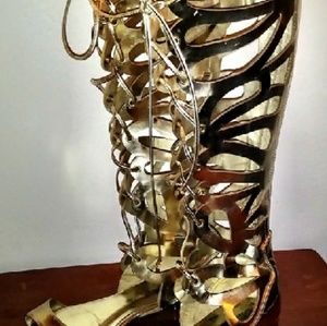 Gold lace up gladiator sandals
